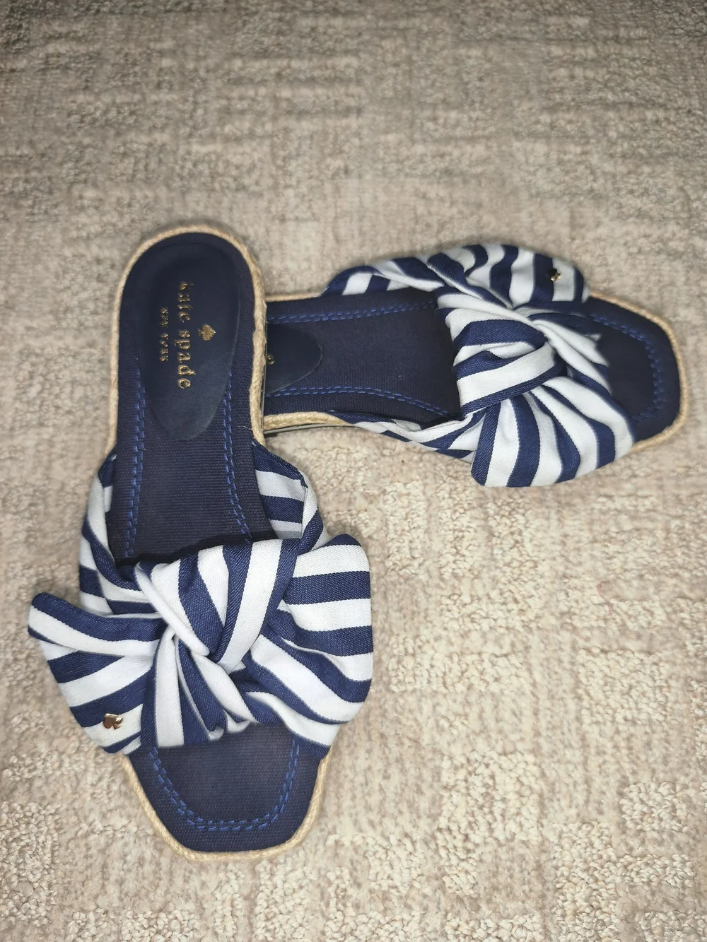 Kate Spade New York Caliana Stripe Slide Sandals Blue White Bow Mule Shoes Sz7,5